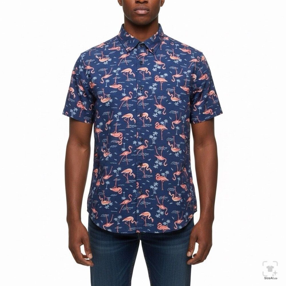 Denim & Flower Ricky Singh Flamingo Shirt Mens L Short Sleeve Button Up